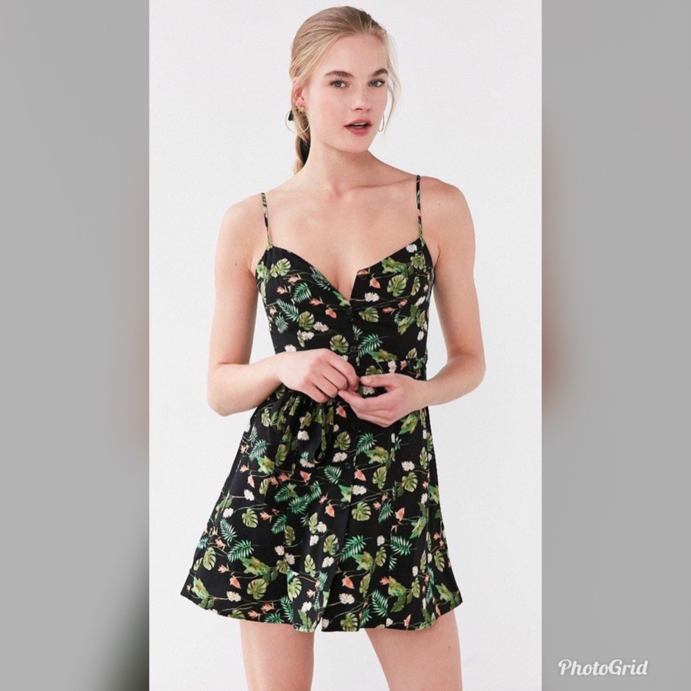 ECOTE Button Front TieBelt Black Print Mini Dress